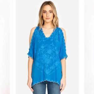 Johnny Was Kelly Cold Shoulder Georgette Embroidered Blouse, Blue, Size L